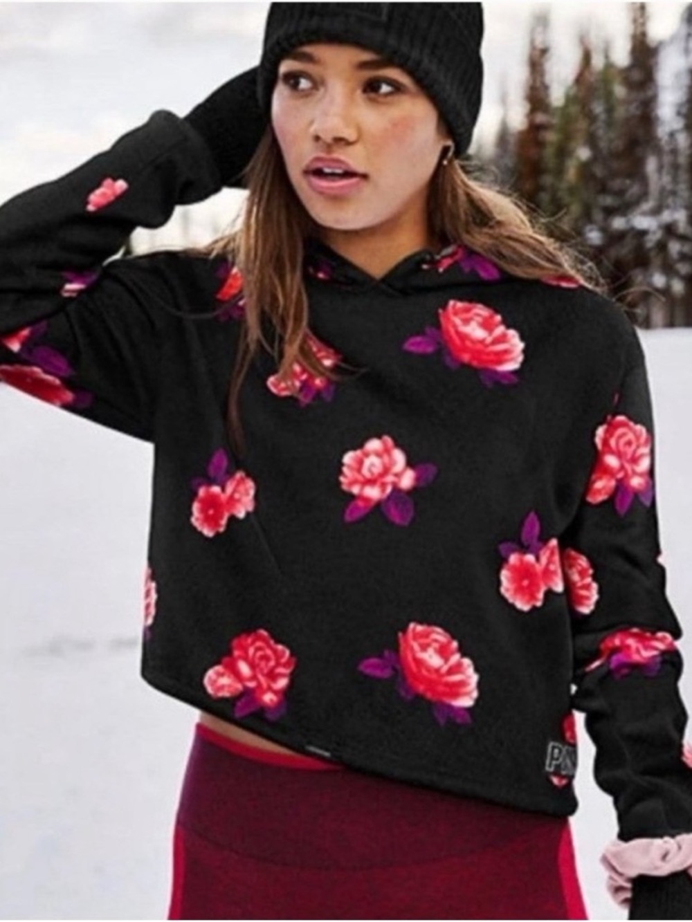 PINK Victoria’s Secret Floral Cropped Hoodie,‎ Size Medium